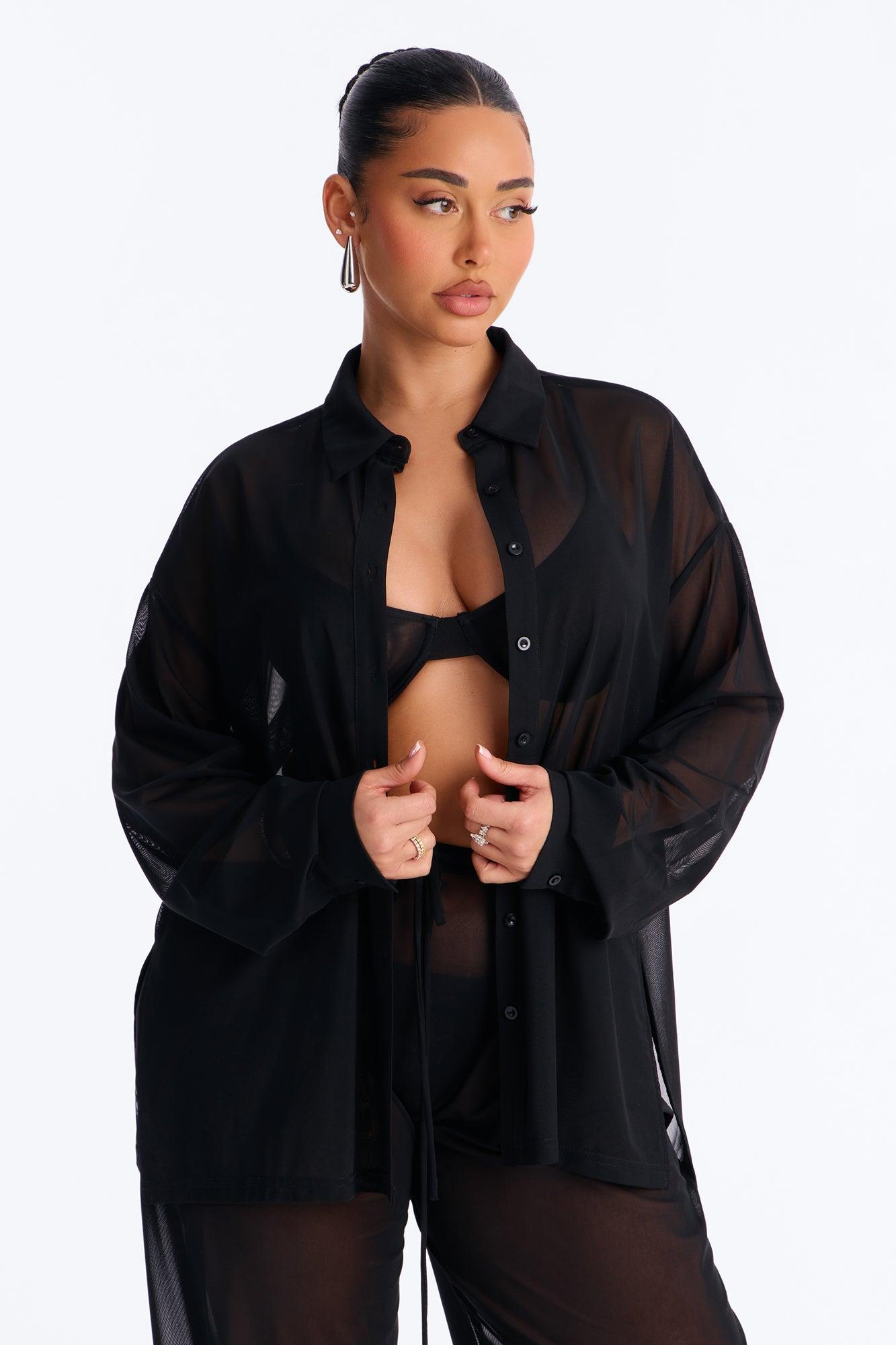 Staying In Mesh Collard Long Sleeve Shirt - Black Female Product Image