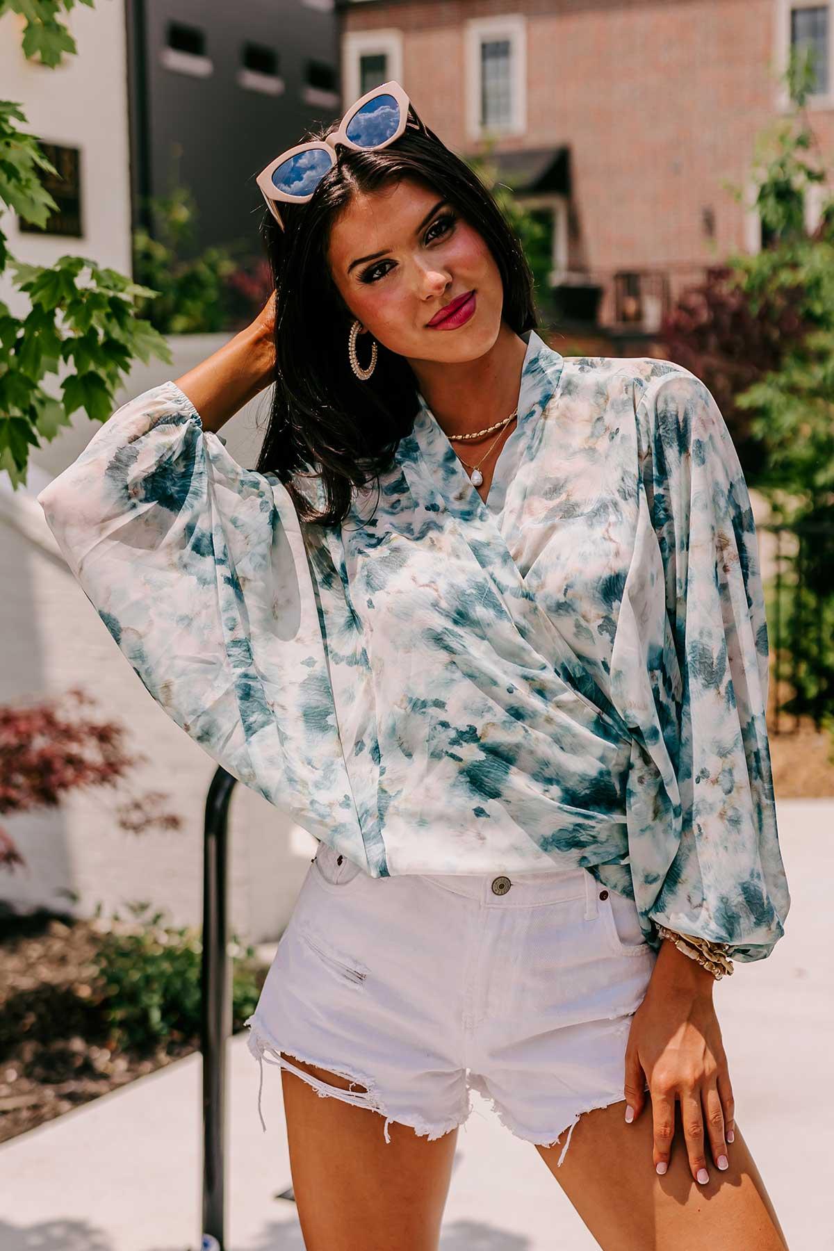 Somewhere Tropical Watercolor Tie Top In Dark Teal Product Image