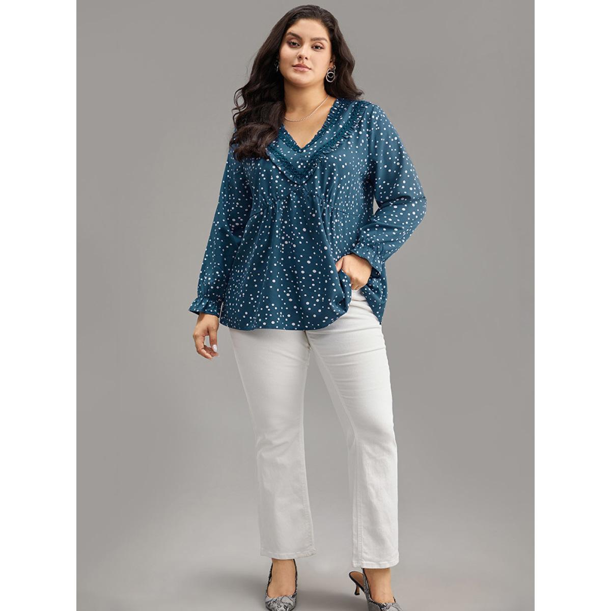 Plus Size Aegean Guipure Lace Polka Dot Blouse Women Elegant Long Sleeve V-neck Dailywear Blouses BloomChic 18-20/2X Product Image