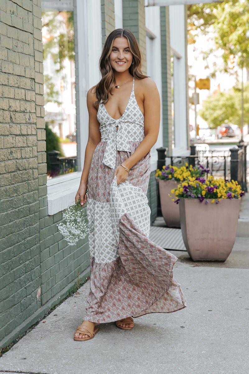 Cream Color Block Halter Maxi Dress - FINAL SALE Product Image