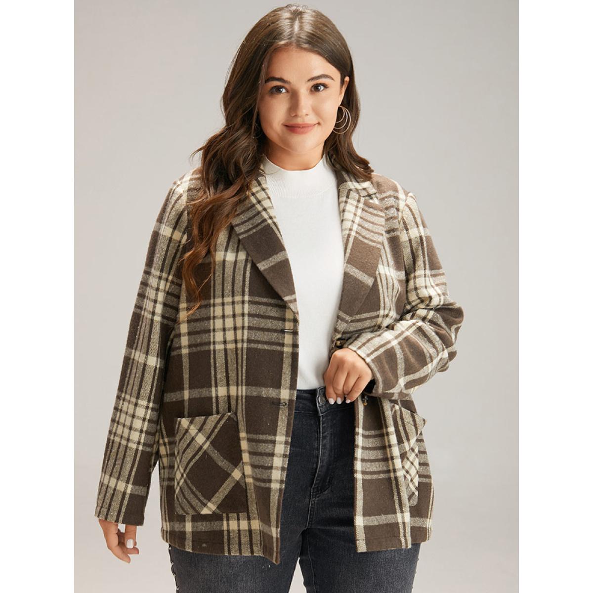 Plus Size Plaid Patched Pocket Button Through Coat Women DarkBrown Casual Contrast Ladies Dailywear Winter Coats BloomChic 28/5X Product Image
