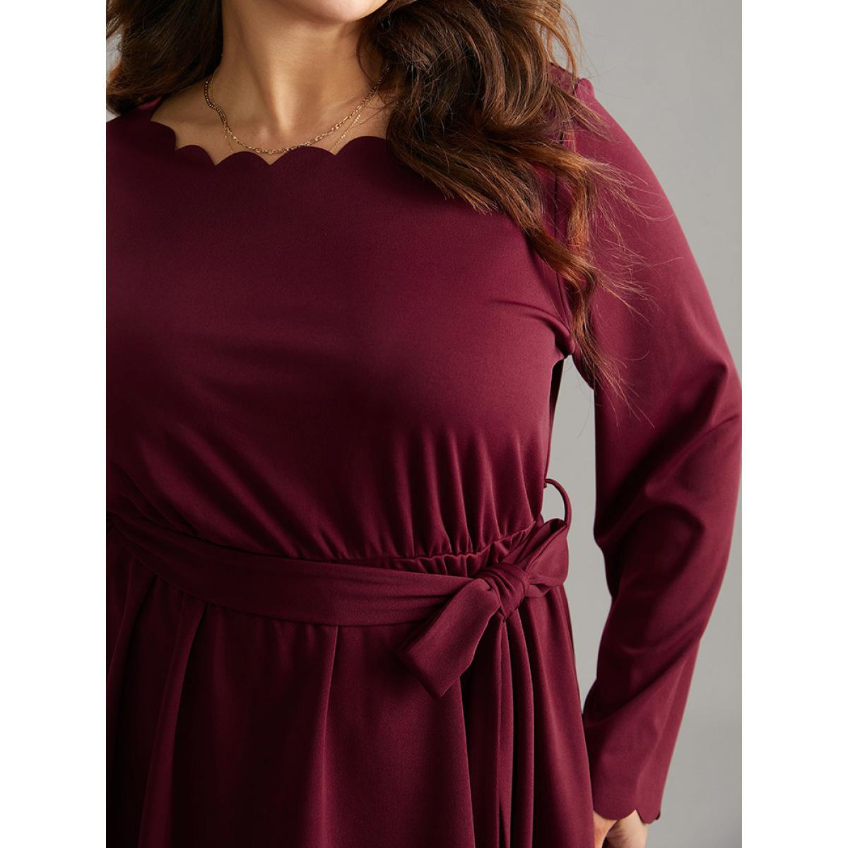 Plus Size Scarlet Solid Scalloped Trim Elastic Waist Belted Blouse Women Office Long Sleeve Round Neck Party Blouses BloomChic 10/M Product Image