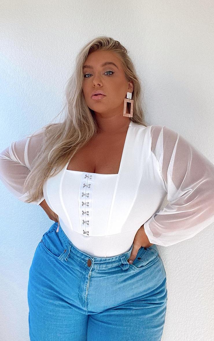 Plus White Eyelet Detail Mesh Sleeve Bodysuit Product Image