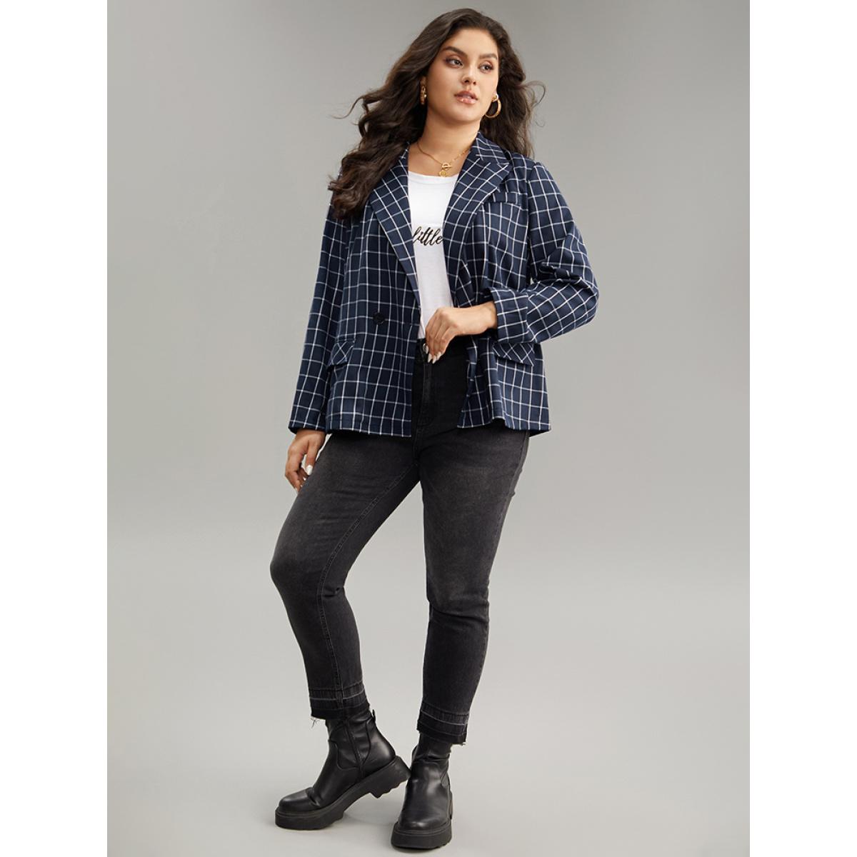 Plus Size Plaid Flap Detail Suit Collar Button Up Blazer DarkBlue Women Dailywear Plaid Contrast Sleeve Long Sleeve Suit Collar 12/L Pocket Casual Blazers BloomChic Product Image