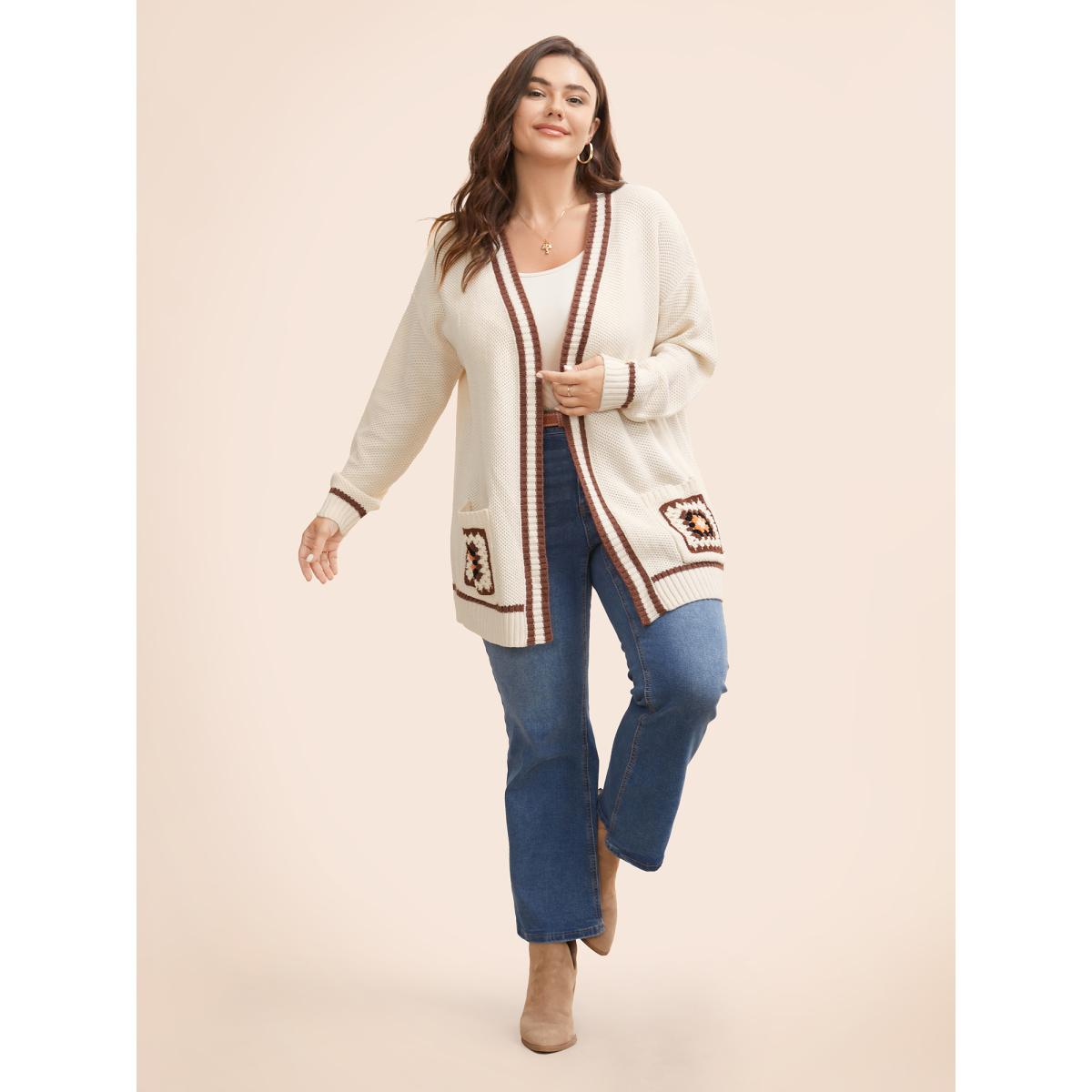 Plus Size Crochet Floral Patch Pocket Drop Shoulder Cardigan Beige Women Casual Loose Long Sleeve Everyday Cardigans BloomChic 14-16/1X Product Image