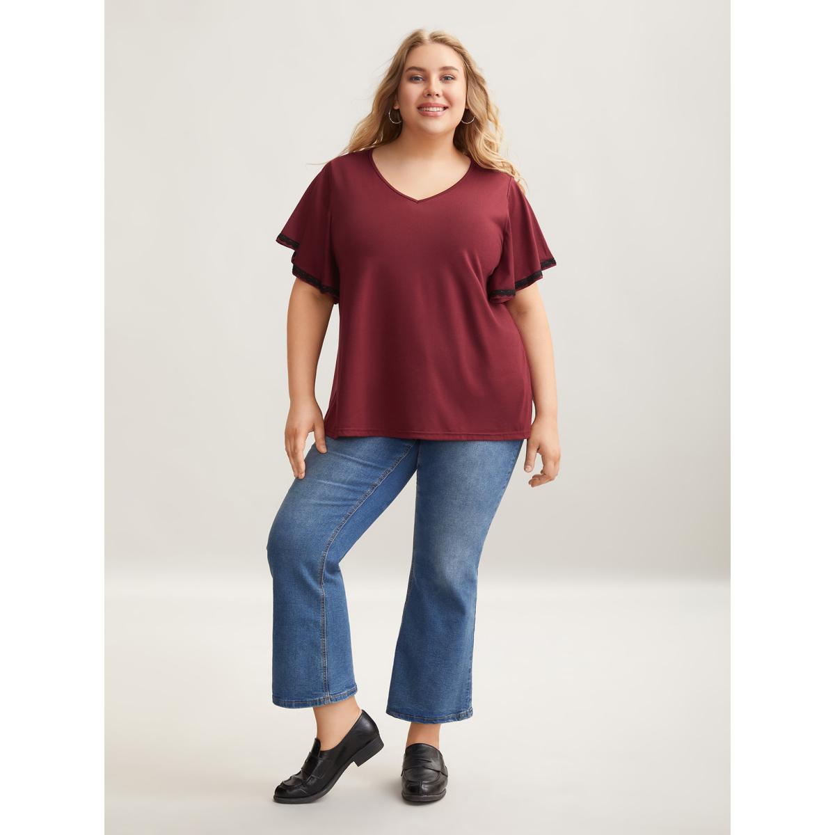 Plus Size Stretchy Color Contrast Flutter Sleeve T-Shirt Scarlet Women Elegant Woven ribbon&lace trim V-neck Everyday T-shirts BloomChic 14-16/1X Product Image