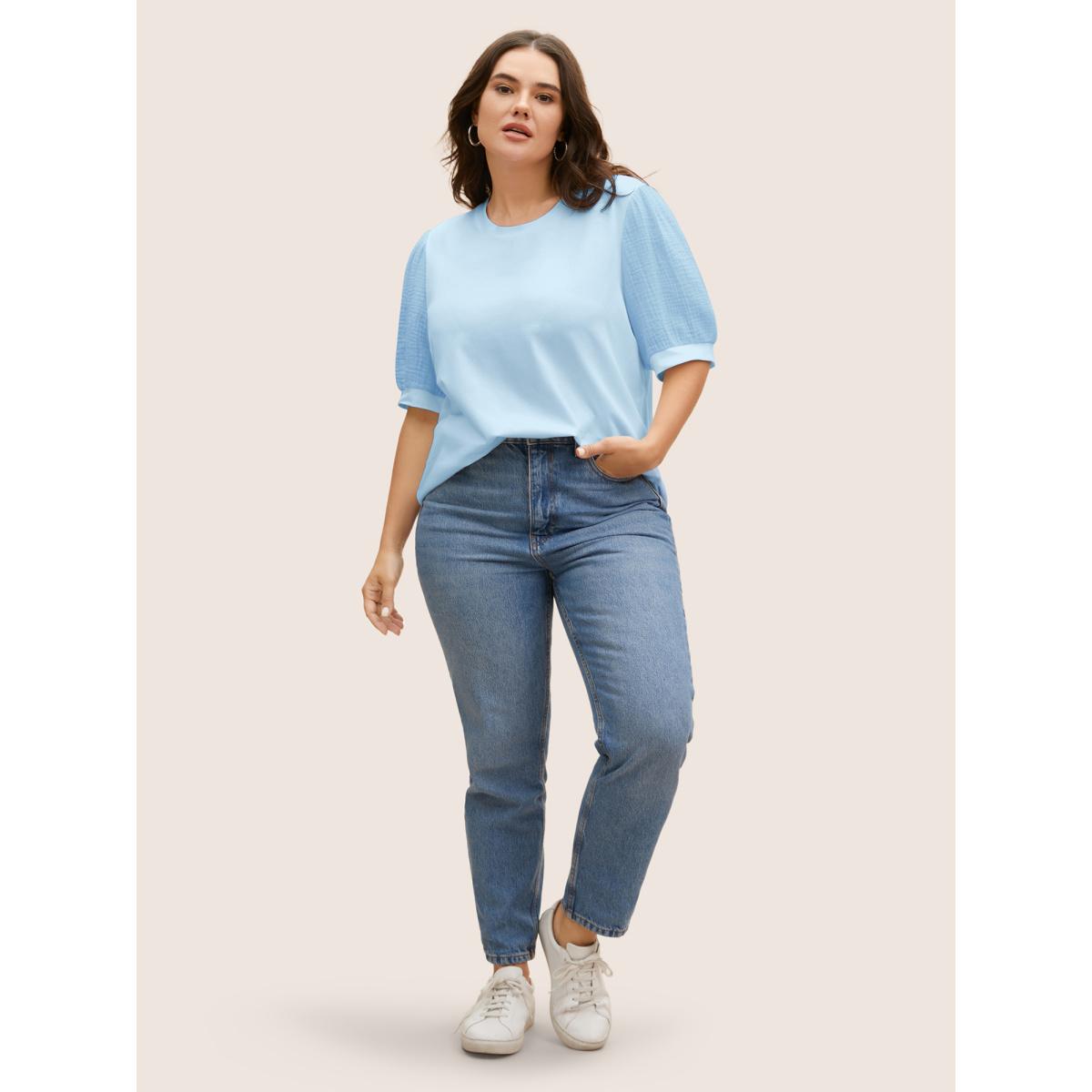 Plus Size Plain Textured Patchwork Lantern Sleeve T-Shirt LightBlue Women Leisure Texture Round Neck Casual T-shirts BloomChic 14-16/1X Product Image
