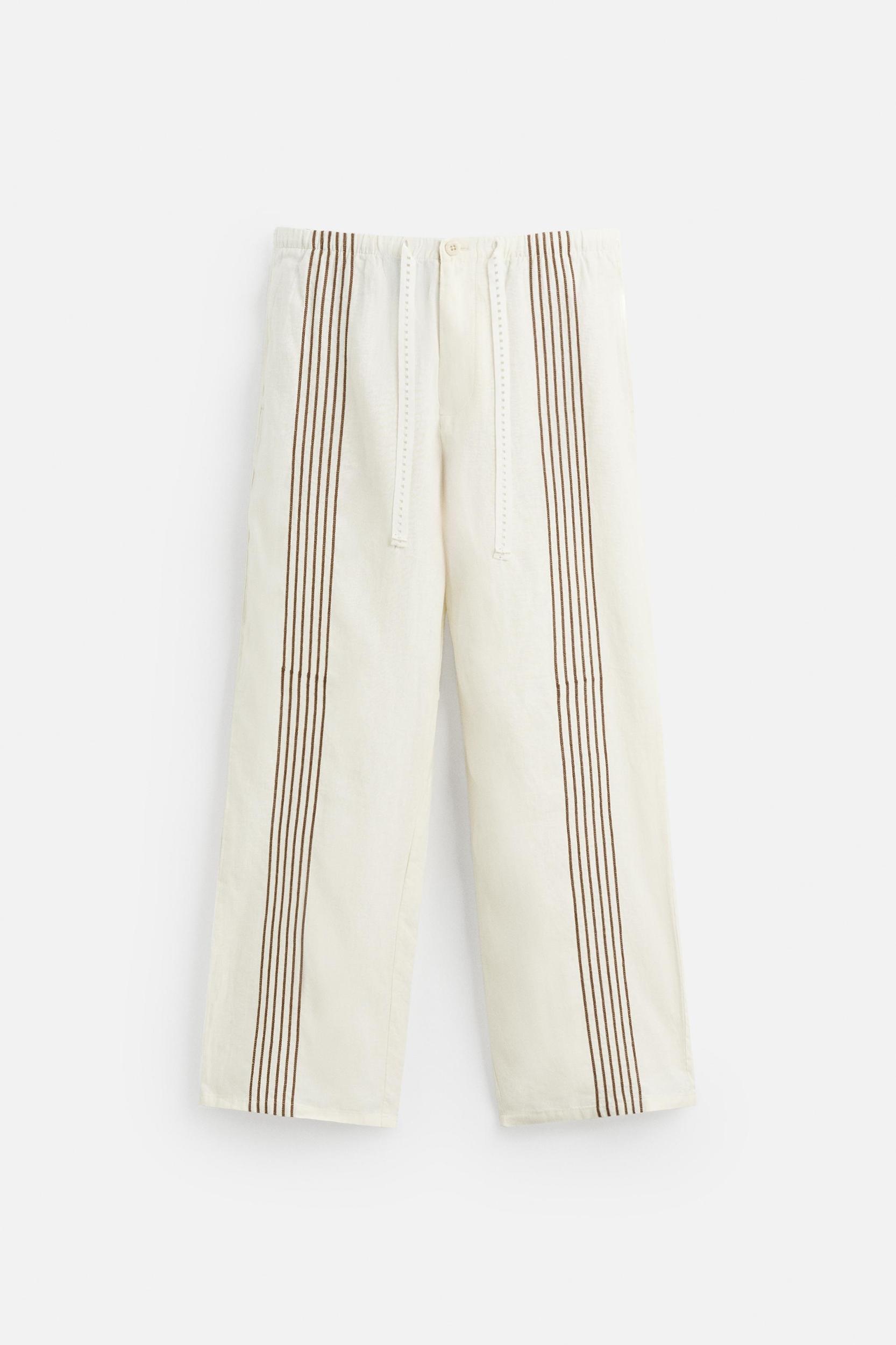 100% LINEN EMBROIDERED PANTS Product Image