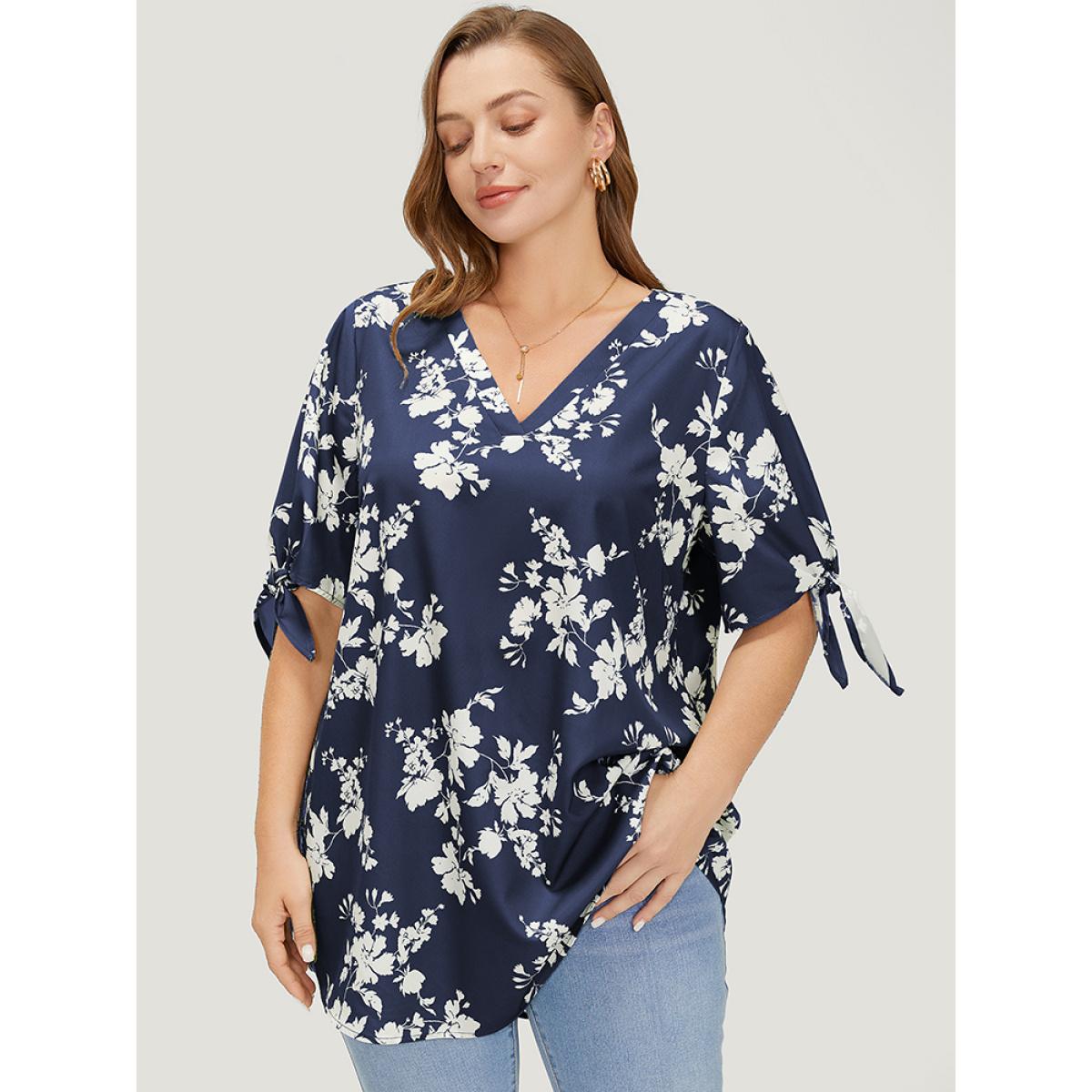 Plus Size Indigo Floral Knot Sleeve V Neck Blouse Women Elegant Short sleeve V-neck Dailywear Blouses BloomChic 18-20/2X Product Image
