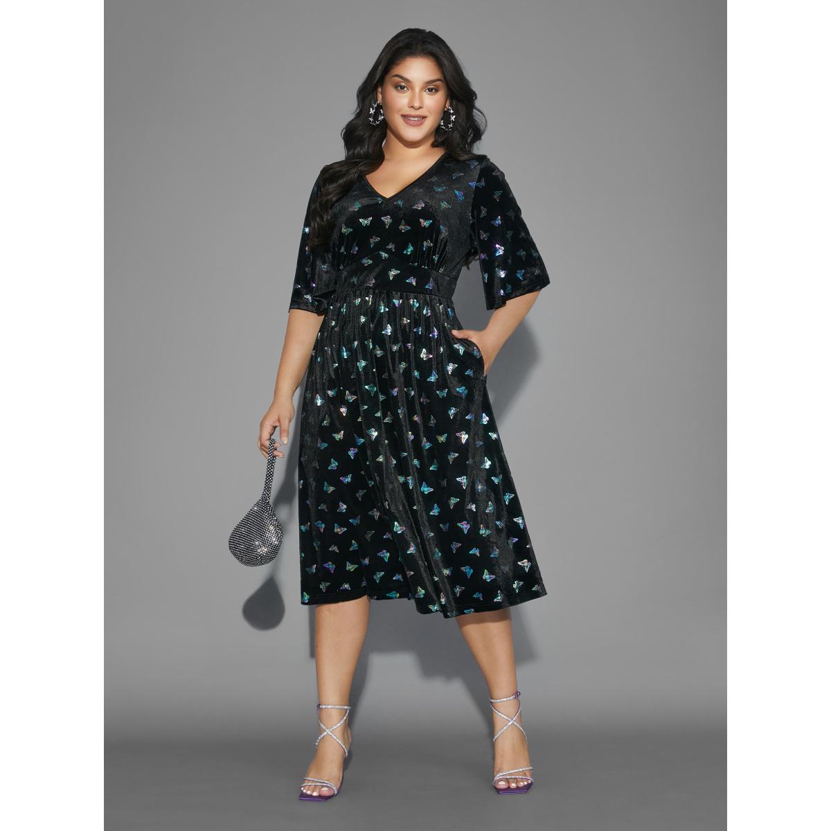 Plus Size Butterfly Glitter Flutter Sleeve Midi Dress BlackFlower Women Cocktail Texture Party Curvy Bloomchic 26/4X Product Image