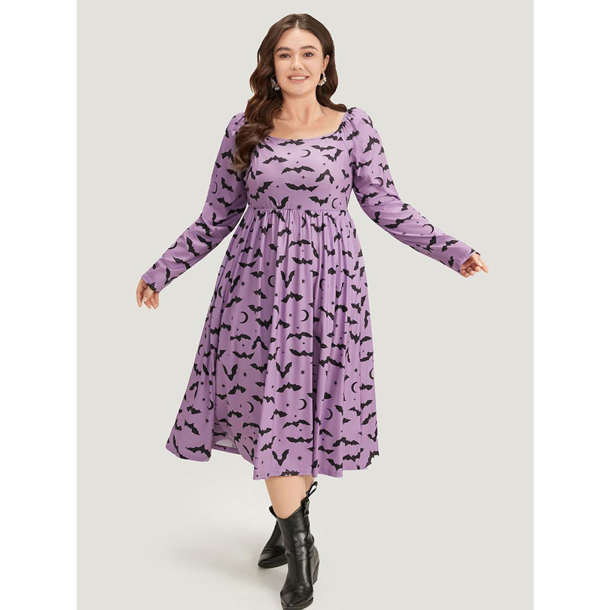 Plus Size Halloween Bat Print Pocket Square Neck Dress Mauve Women Casual Gathered Square Neck Long Sleeve Curvy Midi Dress BloomChic 26/4X Product Image