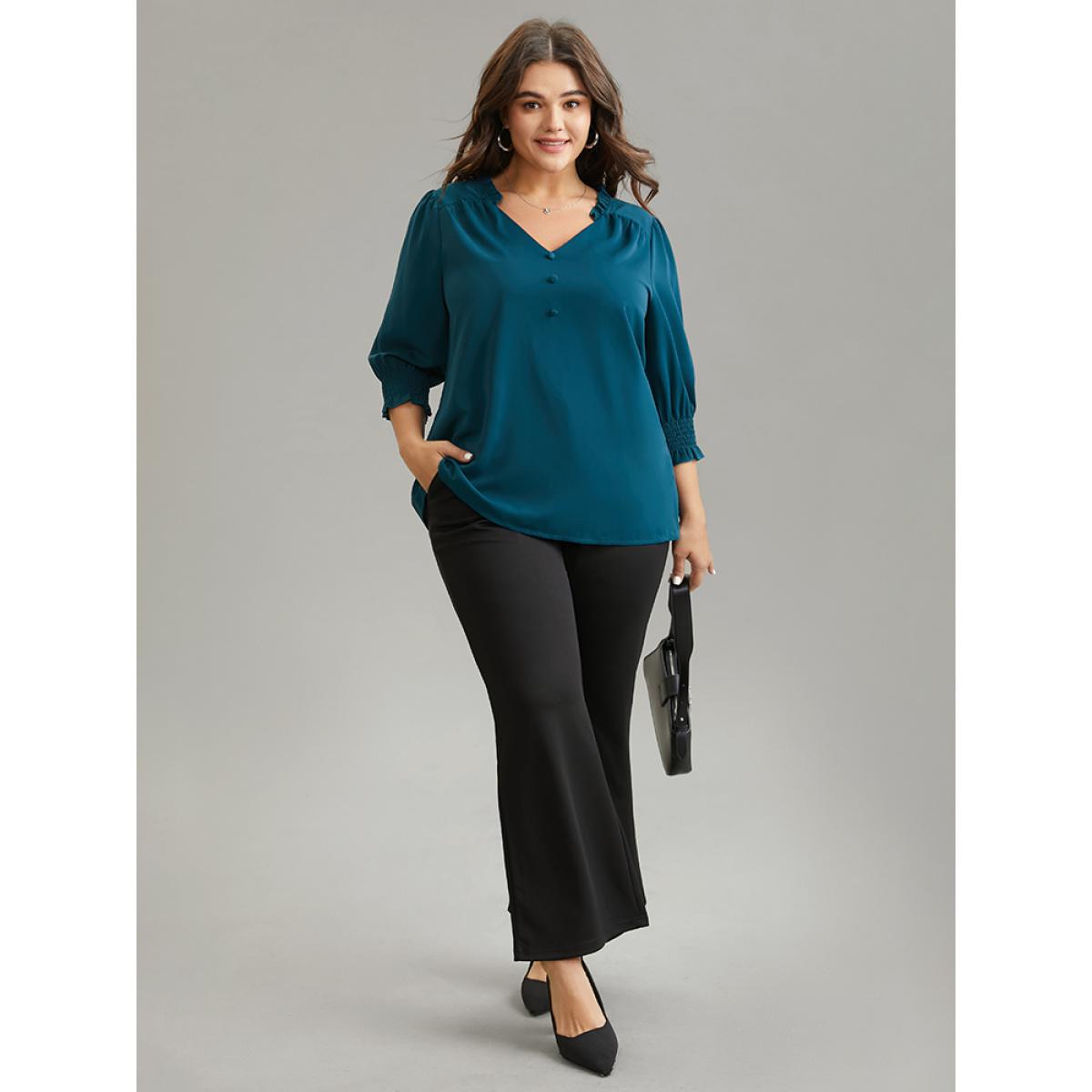 Plus Size Aegean Anti-Wrinkle Gathered Shirred Frill Trim Blouse Women Office Half Sleeve V-neck Work Blouses BloomChic 10/M Product Image