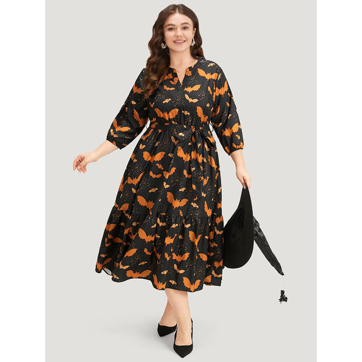 Plus Size Halloween Bat Print Notched Belted Pocket Dress Black Women Office Elastic cuffs Notched collar Elbow-length sleeve Curvy Midi Dress BloomChic 22-24/3X Product Image