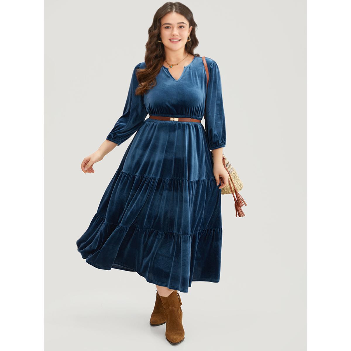 Plus Size Velvet Solid Notched Shirred Tiered Hem Dress Cerulean Women Vacation Elastic cuffs Notched collar Elbow-length sleeve Curvy Midi Dress BloomChic 14-16/1X Product Image