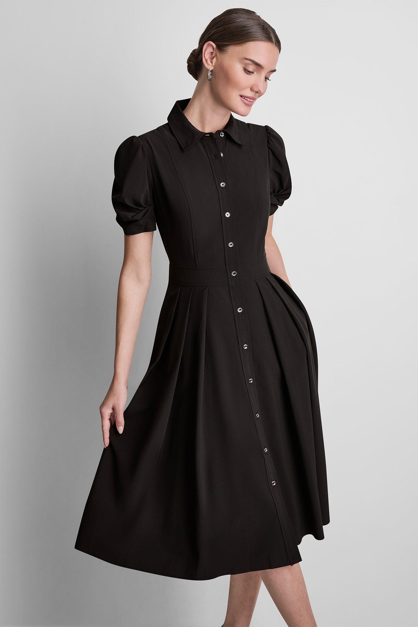 PUFF SLEEVE PLEATED MIDI SHIRT DRESS Product Image