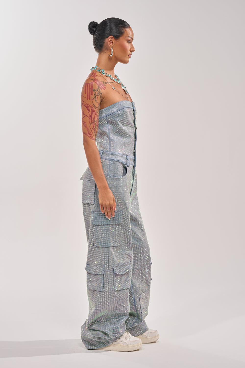 TOO FLY RHINESTONE DENIM JUMPSUIT Product Image