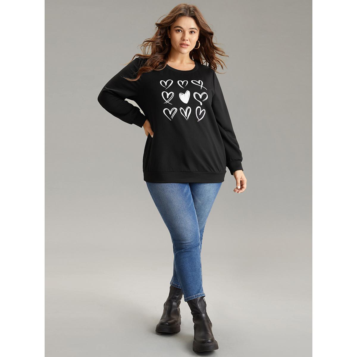 Plus Size Heart Print Round Neck Sweatshirt Women Black Casual Printed Dailywear Sweatshirts BloomChic 10/M Product Image
