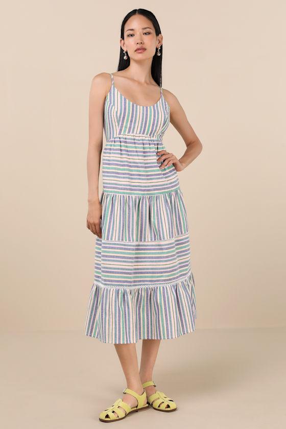 Journi Green Multi Striped Tiered Midi Dress Product Image