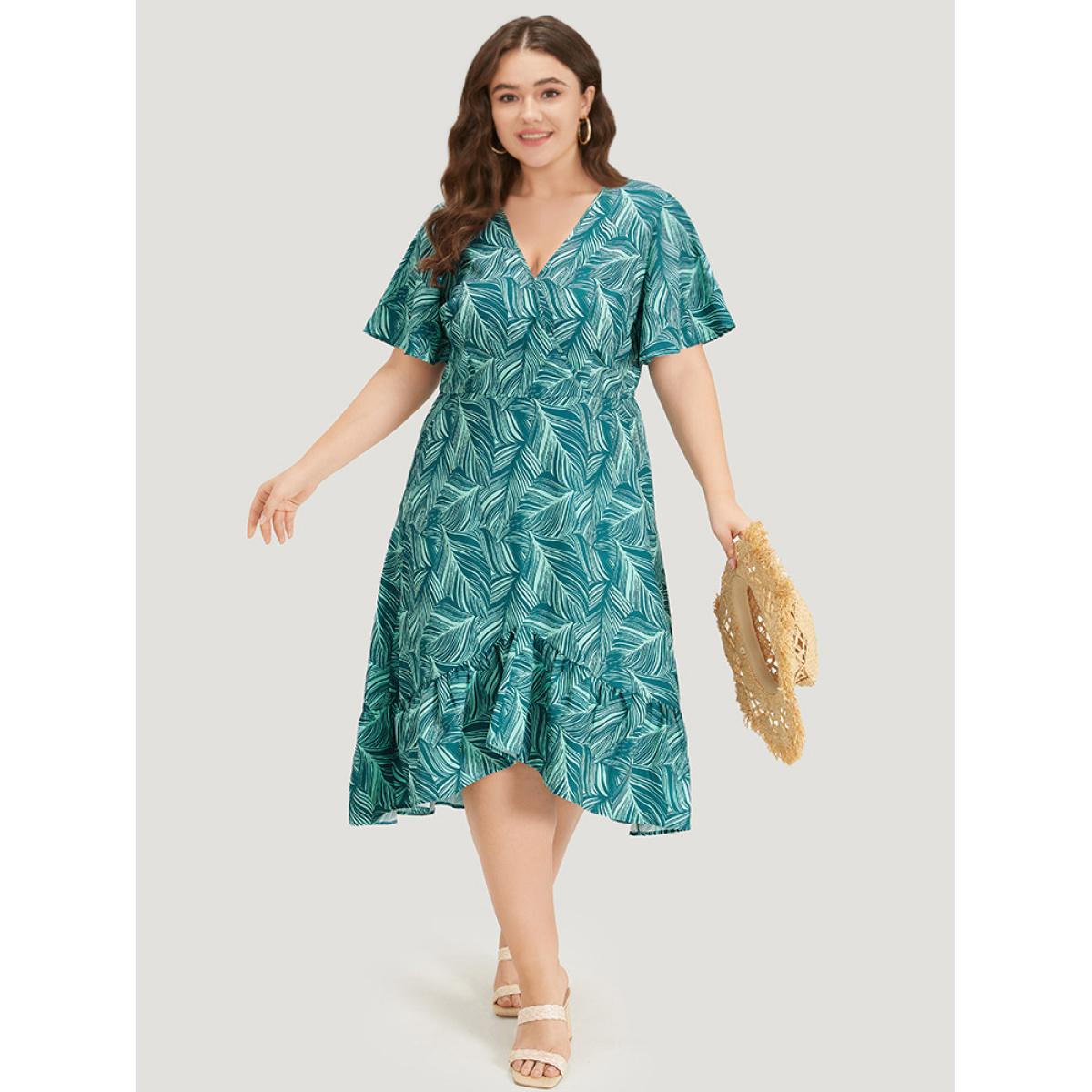 Plus Size Plant Print Ruffles Pocket Asymmetrical Hem Wrap Dress Green Women Vacation Wrap V-neck Short sleeve Curvy Midi Dress BloomChic 28/5X Product Image