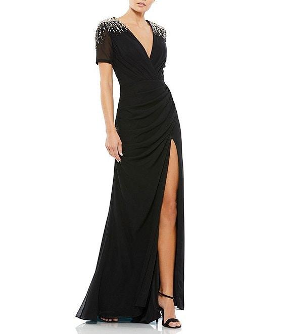 Mac Duggal Beaded V-Neck Short Sleeve Ruched Waist Faux Wrap Chiffon Gown Product Image