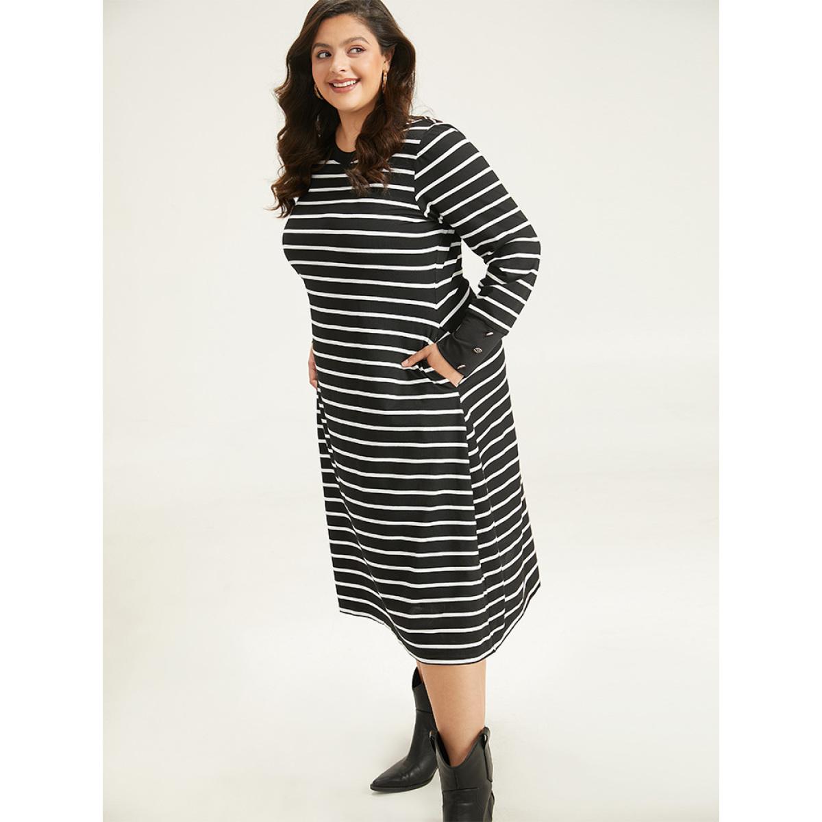 Plus Size Rib Knit Striped Button Detail Patchwork Dress Black Women Casual Printed Round Neck Long Sleeve Curvy Midi Dress BloomChic 30/6X Product Image