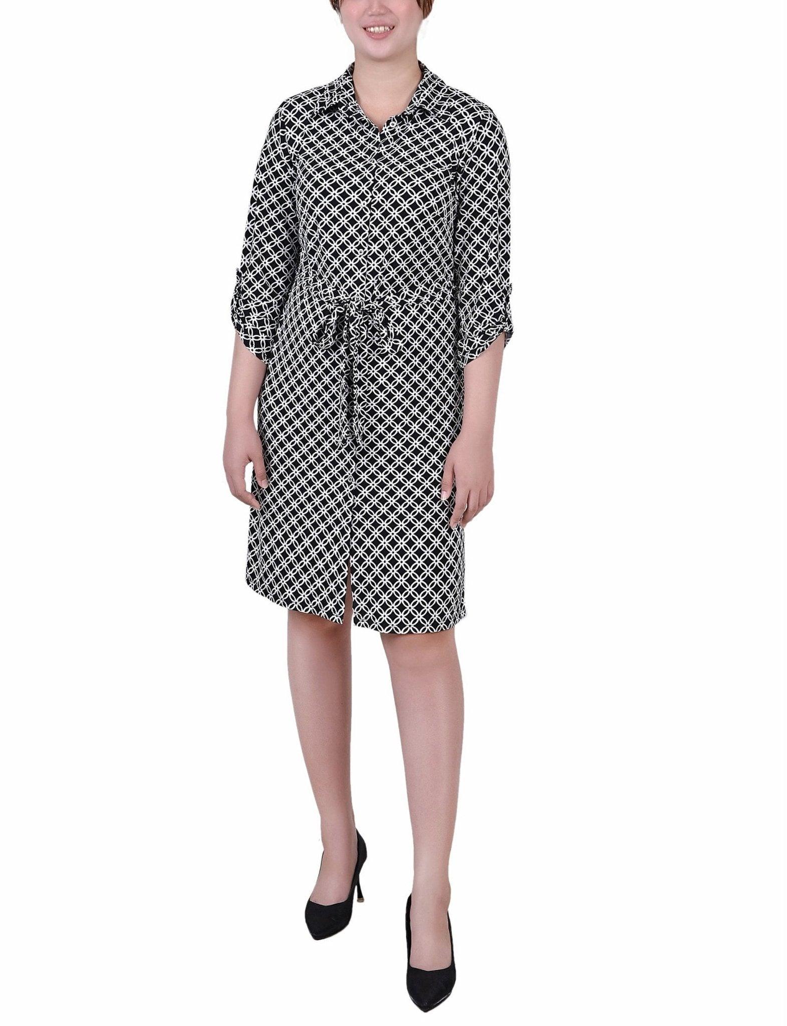 Black White Iconic 3/4 Roll Tab Sleeve Belted Shirtdress - Petite Product Image