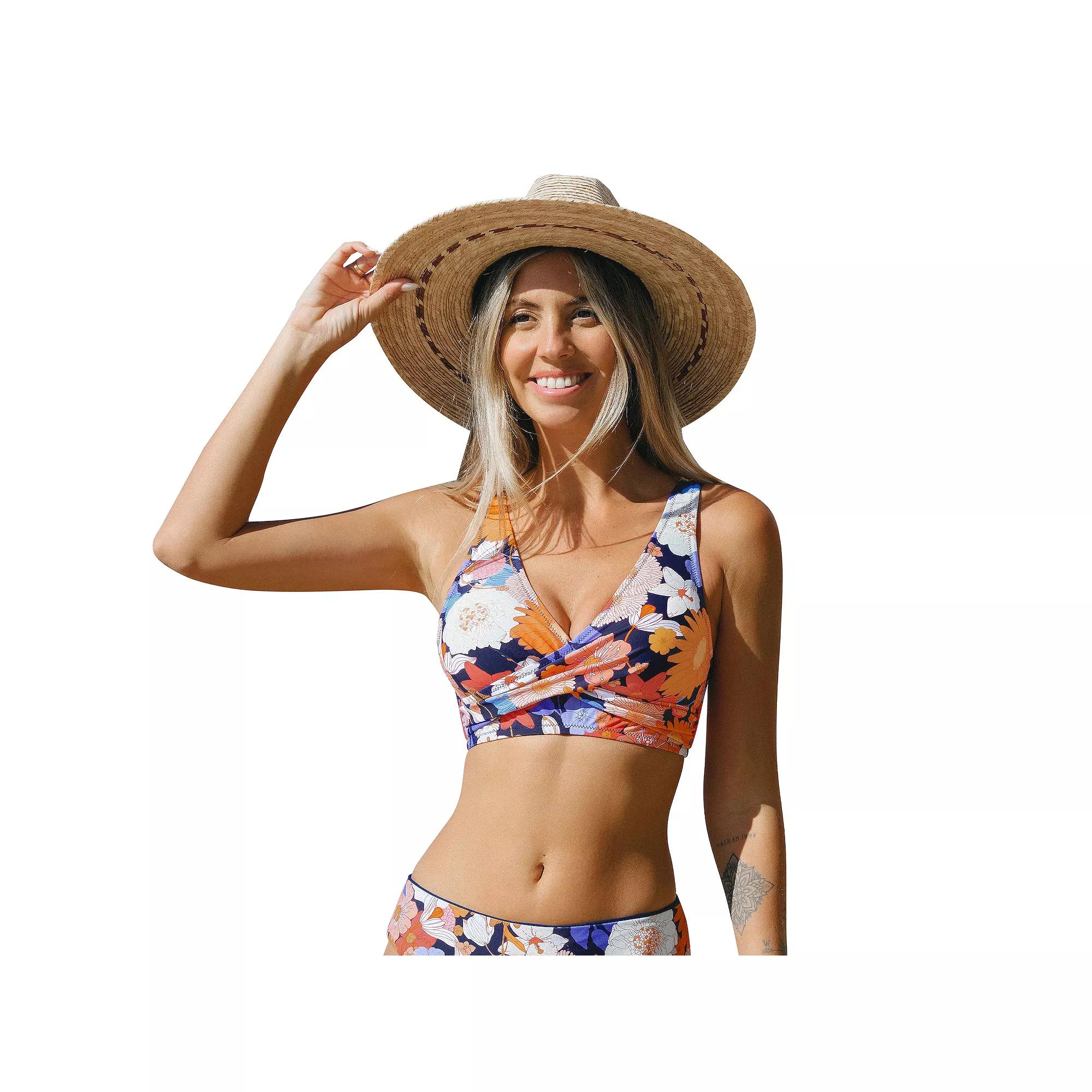 Women's Cupshe Wrap-Front Lace Back Swim Bralette, Size: Large, Blue Geo Floral Product Image