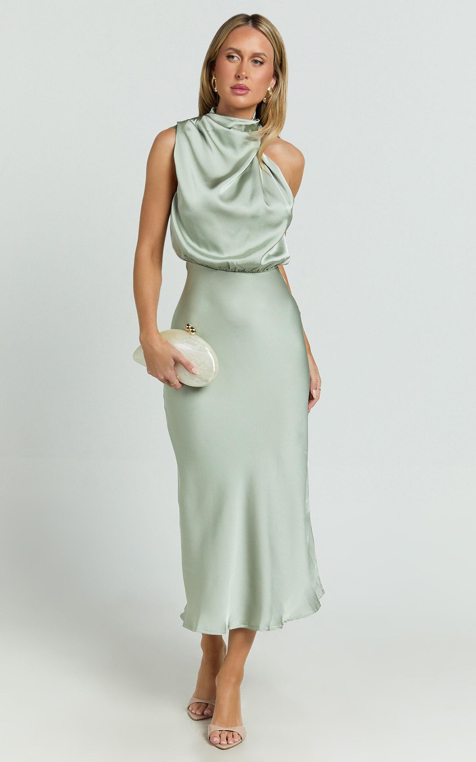Minnie Midi Dress - Drape Neck Satin Slip Dress in Sage Product Image