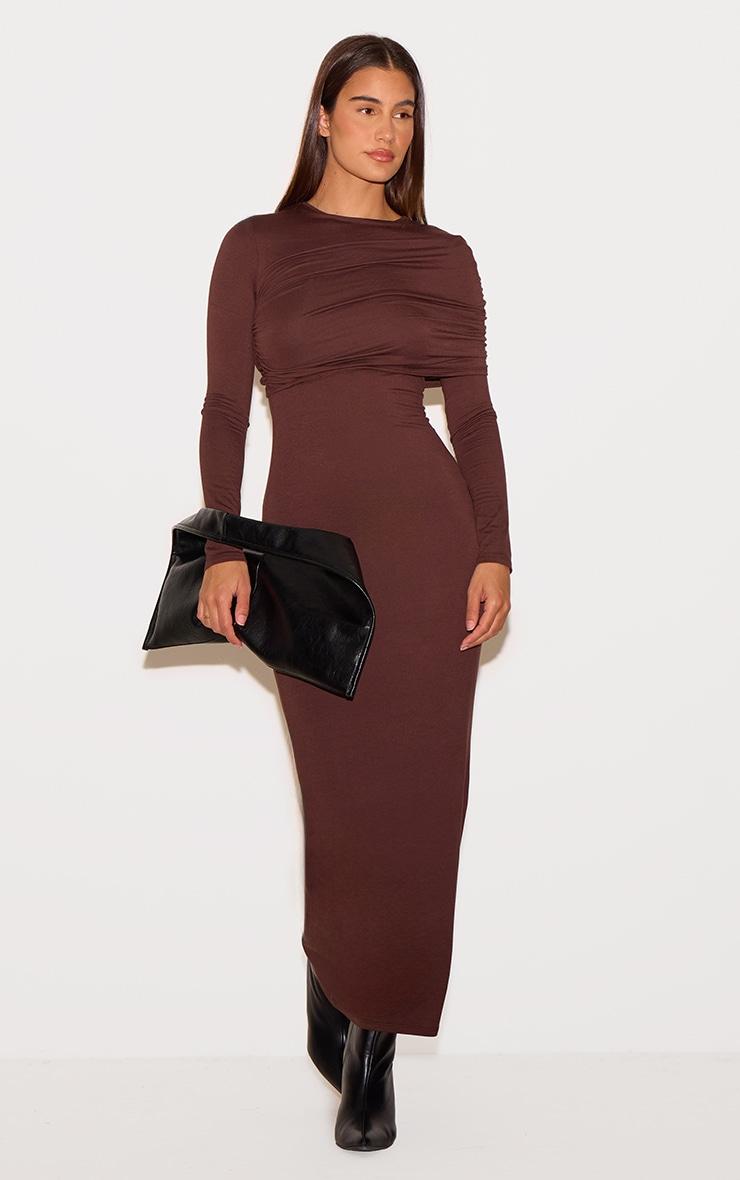 Chocolate Ruched Overlay Long Sleeve Maxi Dress Product Image