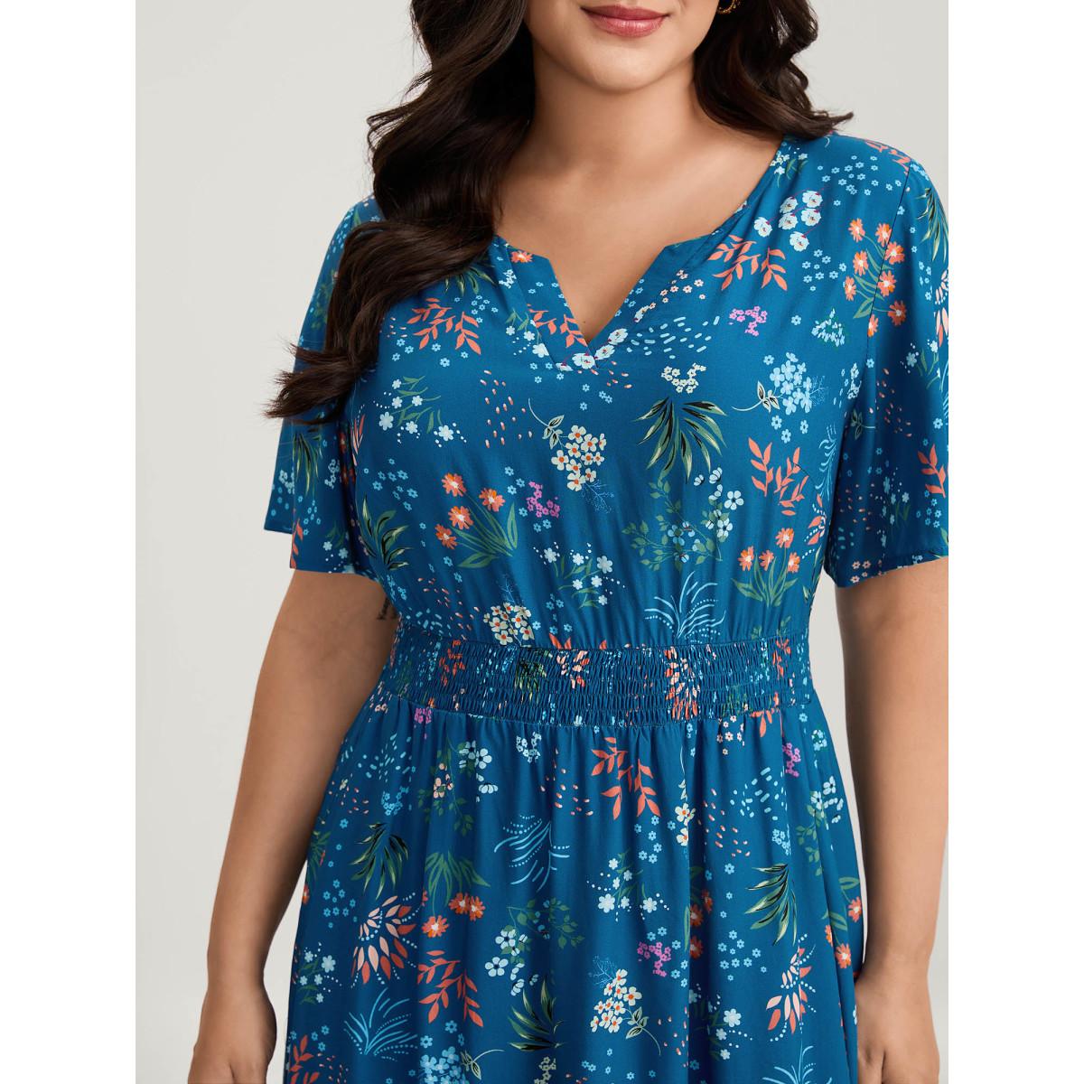 Plus Size Rayon Playful Floral Shirred Midi Dress Mediumblue Women Timeless Notched collar Short sleeve Curvy BloomChic 30/6X Product Image