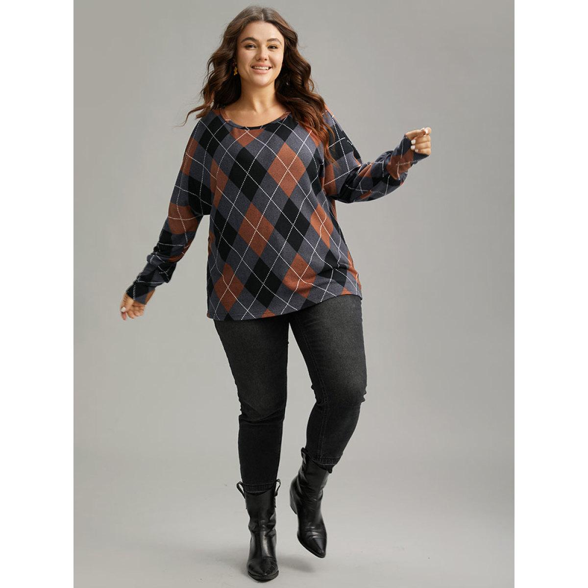 Plus Size Plaid Contrast Round Neck Dolman Sleeve T-shirt Multicolor Women Casual Contrast Plaid Round Neck Festival-Christmas T-shirts BloomChic 18-20/2X Product Image