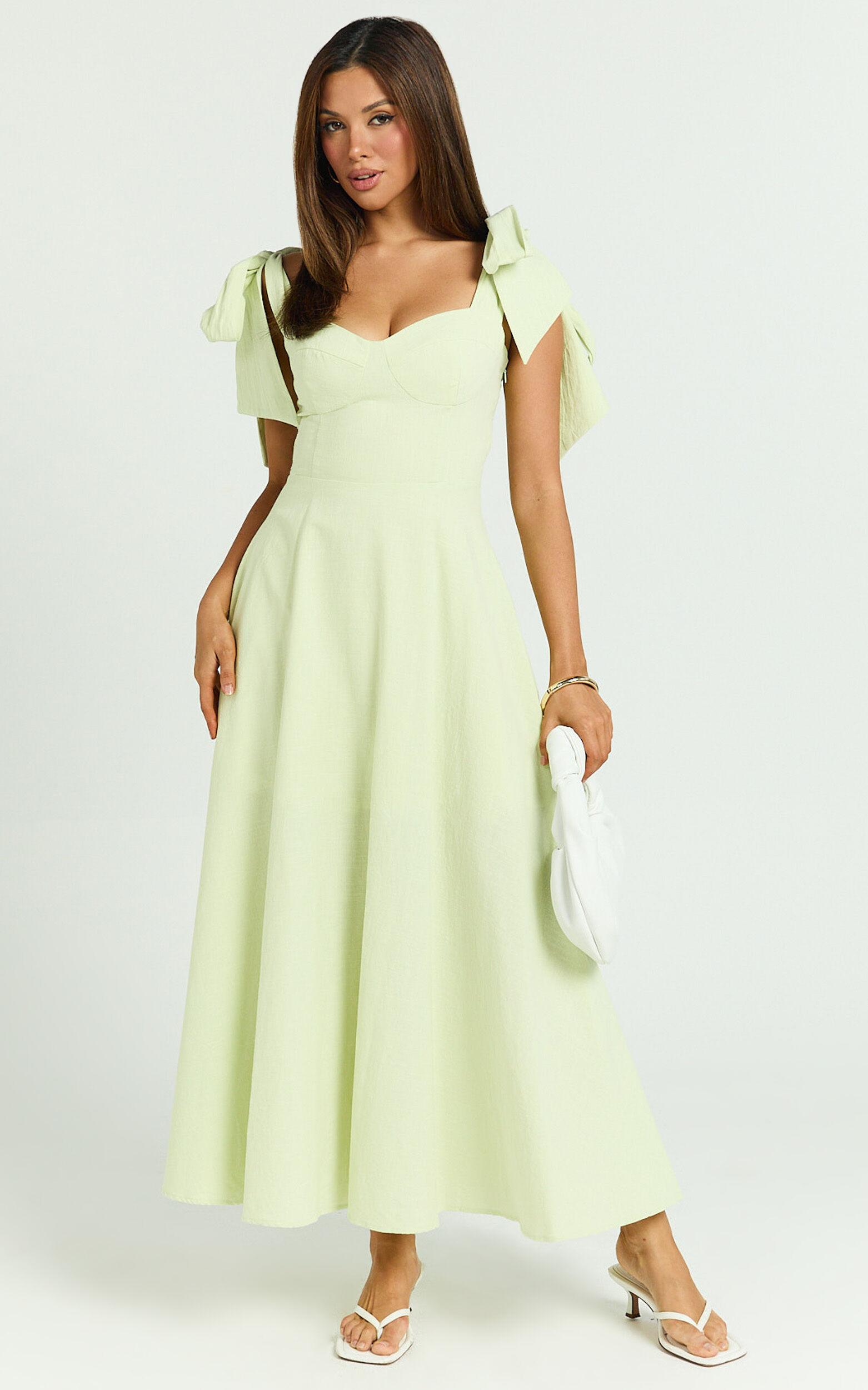 Tymia Midi Dress - Shoulder Tie Bustier Shirred Back A Line in Celery Product Image