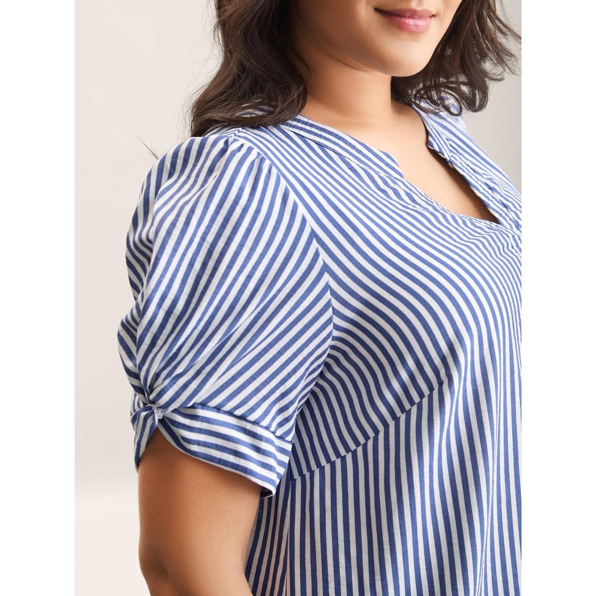 Plus Size DarkBlue Stripes Knotted Sleeve Notched Collar Blouse Women Office Short sleeve Notched collar Office Blouses BloomChic 26/4X Product Image