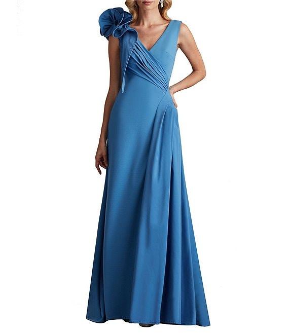 Tadashi Shoji Taffeta Crepe V-Neck Sleeveless Ruffle Shoulder A-Line Gown Product Image