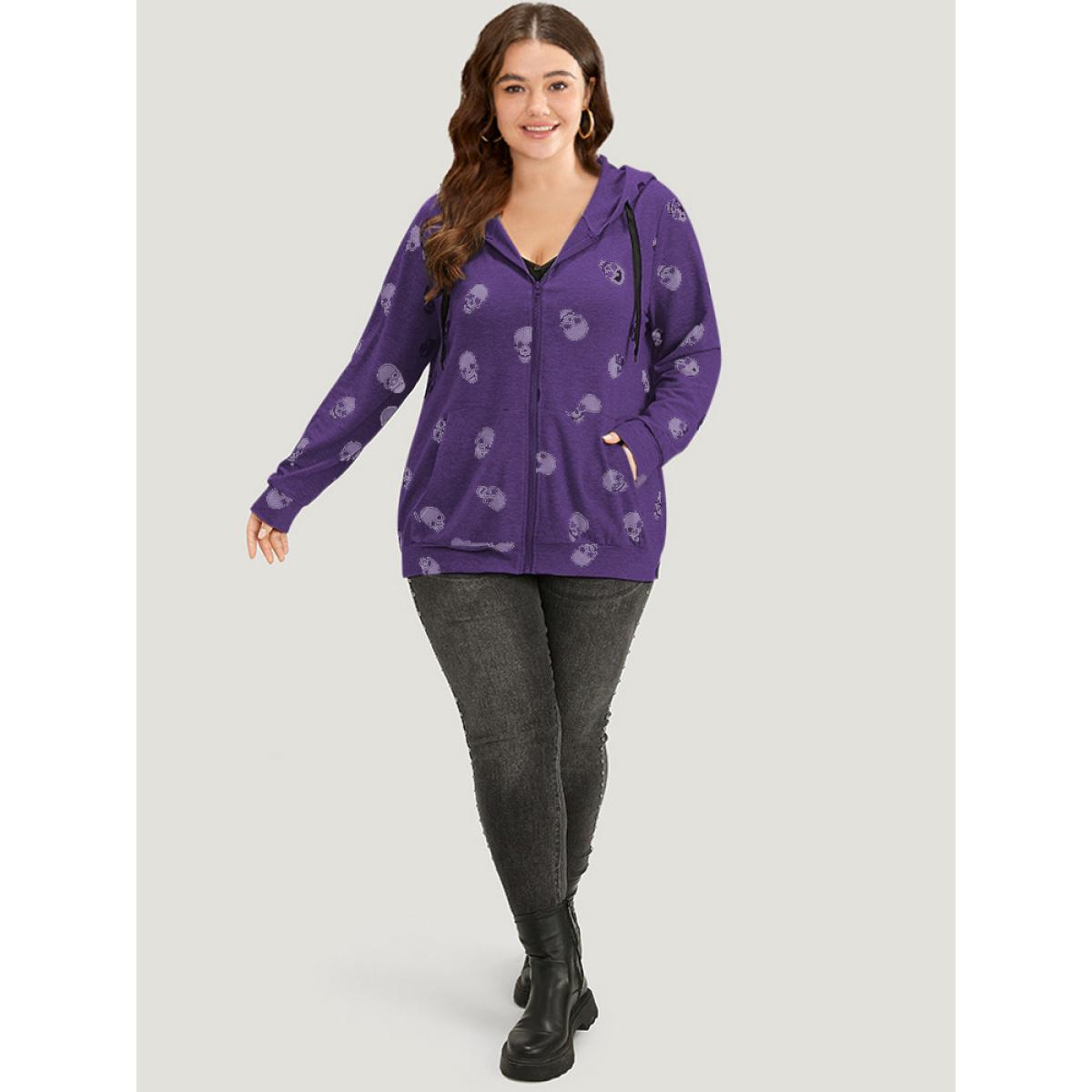 Plus Size Halloween Skull Print Pocket Zipper Hooded Sweatshirt Women Purple Casual Elastic cuffs Hooded Festival-Halloween Sweatshirts BloomChic 30/6X Product Image