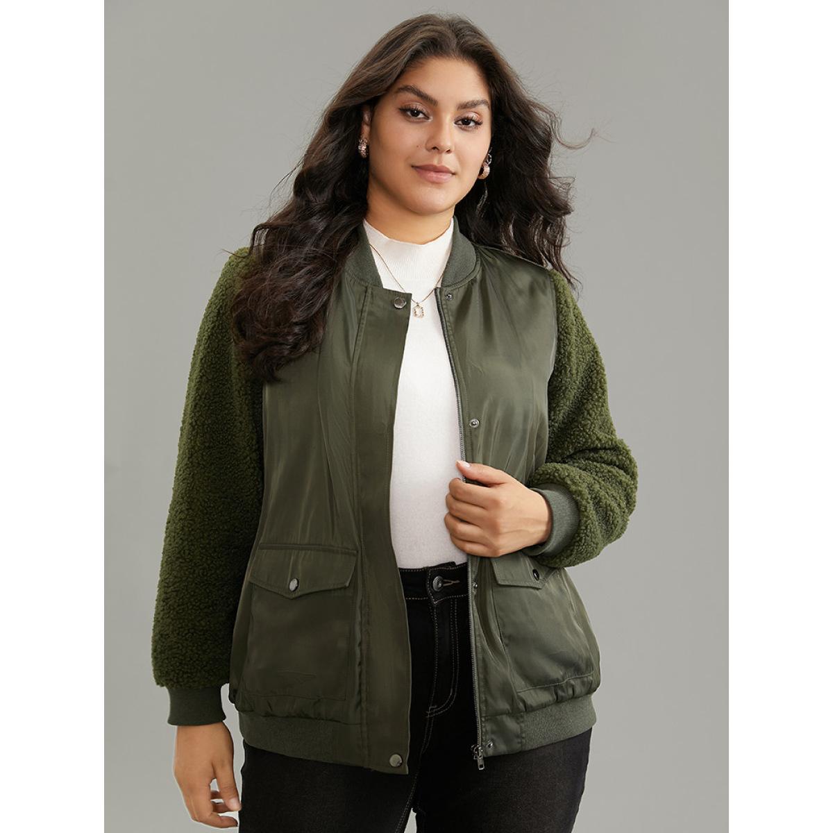 Plus Size Plain Fuzzy Patchwork Zipper Flap Pocket Jacket Women ArmyGreen Rib Knit Pocket Dailywear Jackets BloomChic 18-20/2X Product Image