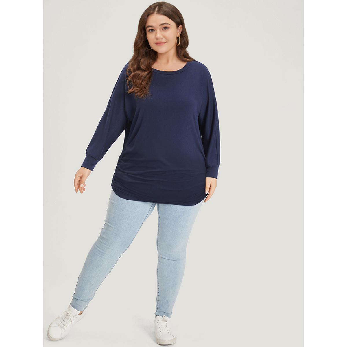 Plus Size Supersoft Essentials Plain Crew Neck Dolman Sleeve Sweatshirt Women Indigo Casual Elastic cuffs Round Neck Everyday Sweatshirts BloomChic 18-20/2X Product Image