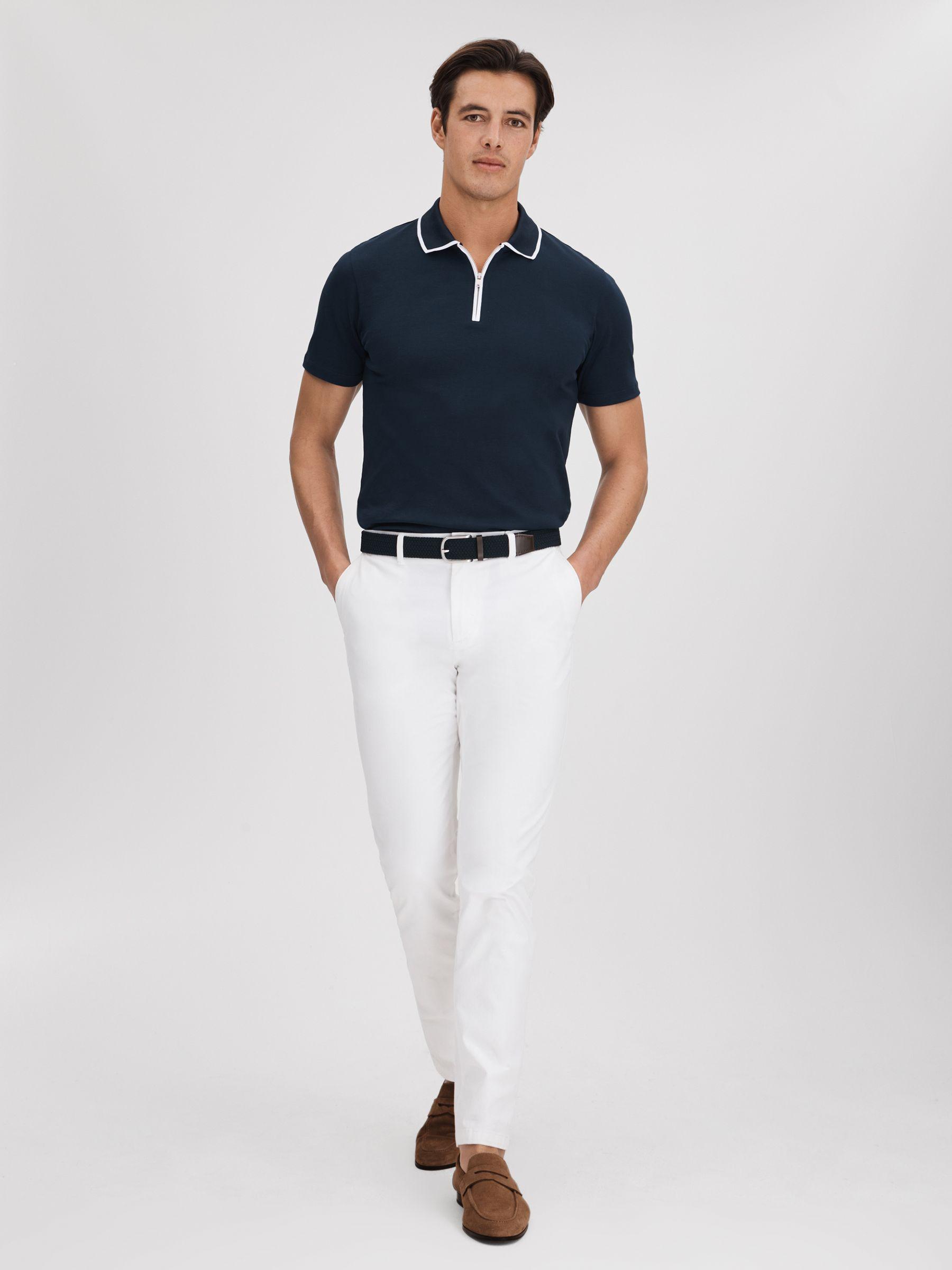 Cotton Contrast Collar Half-Zip Polo Shirt in Navy Product Image