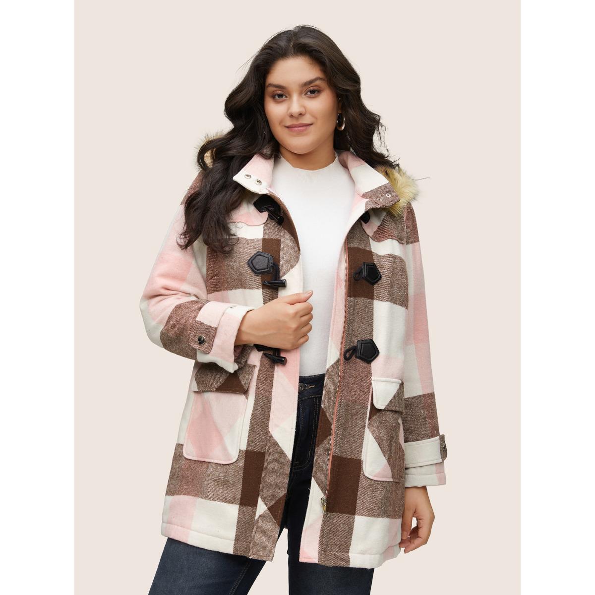 Plus Size Colorblock Contrast Fuzzy Trim Duffle Button Coat Women DustyPink Casual Lined Ladies Dailywear Winter Coats BloomChic 12/L Product Image