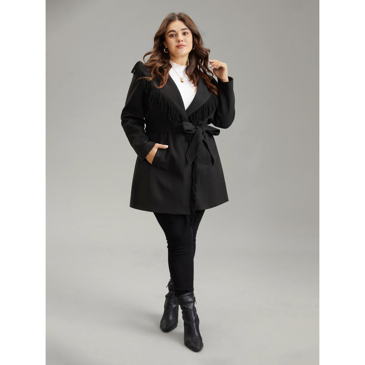 Plus Size Tassels Trim Plain Lapel Collar Belted Coat Women Black Elegant Lined Ladies Dailywear Winter Coats BloomChic 10/M Product Image