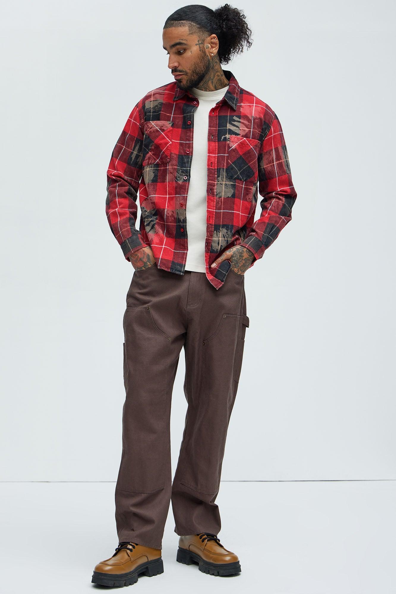Pershing Distressed Plaid Flannel Shirt - Red/combo Product Image