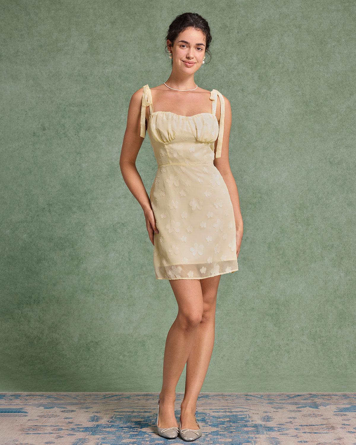 Yellow Jacquard Tie Strap Mini Dress Product Image