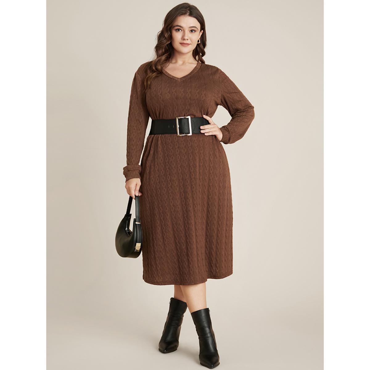 Plus Size Solid V Neck Cable Knit Pocket Textured Dress Without Belt Russet Women Elegant Pocket V-neck Long Sleeve Curvy Midi Dress BloomChic 30/6X Product Image