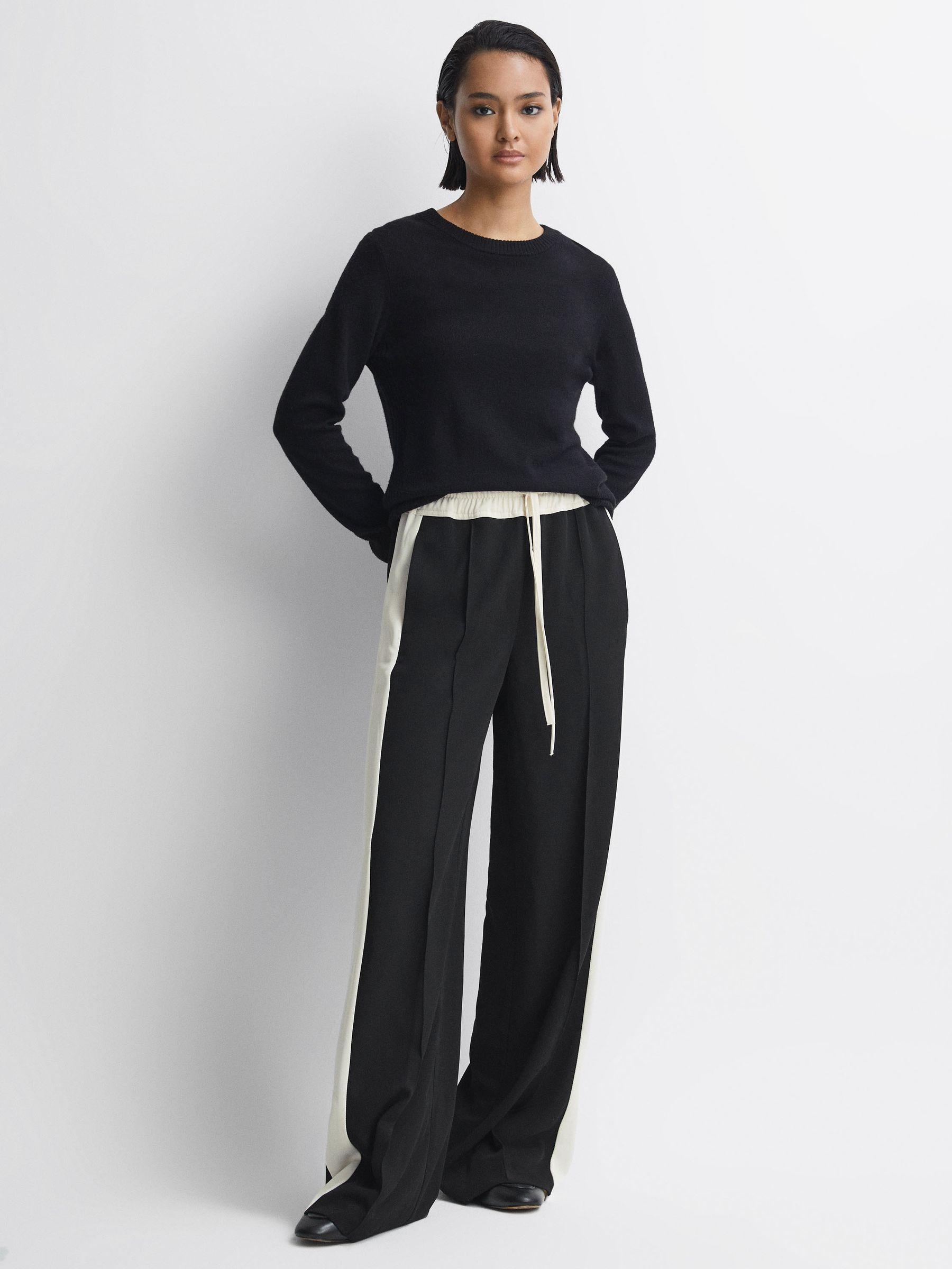 Petite Wide Leg Contrast Stripe Drawstring Trousers in Black Product Image
