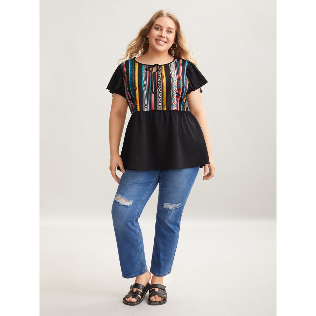 Plus Size Black Multi-Color Striped Neck Tie Shirt Women Casual Cap Sleeve Notched collar Everyday Blouses BloomChic 18-20/2X Product Image