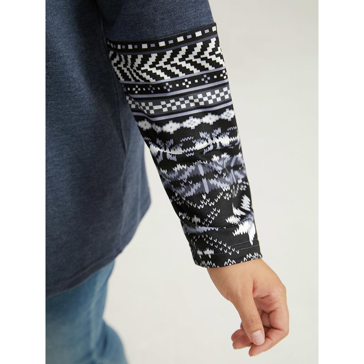 Plus Size Boho Print Round Neck Gathered T-shirt Blue Women Casual Patchwork Bohemian Print Round Neck Dailywear T-shirts BloomChic 30/6X Product Image