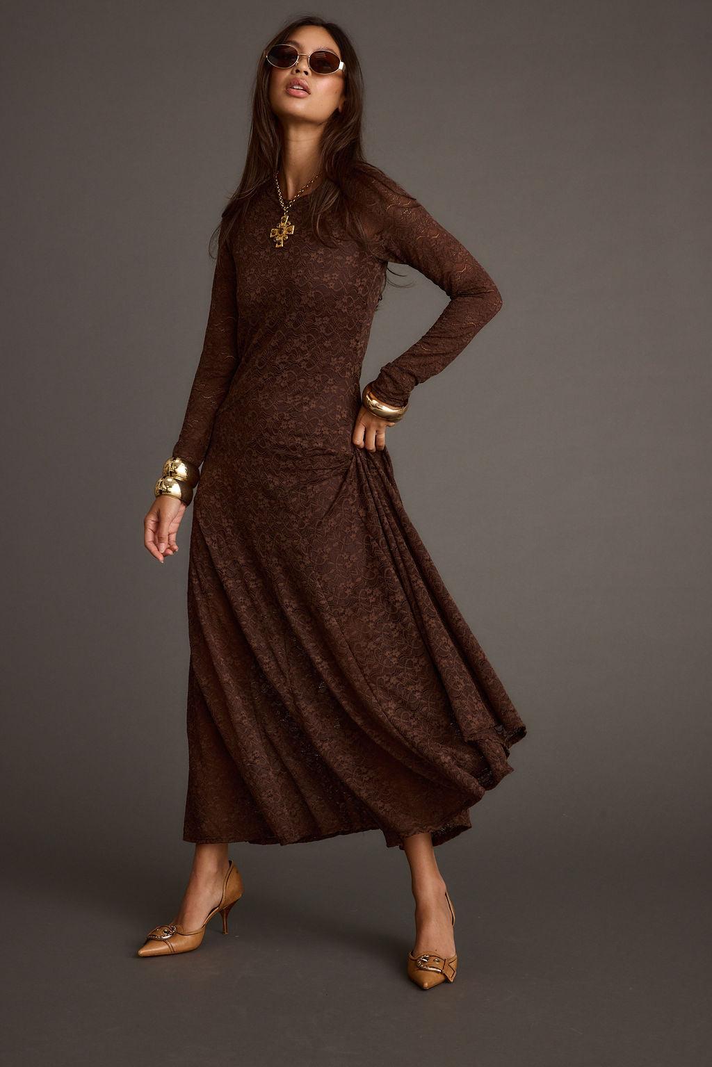 Tierra Brown Lace Long Sleeve Maxi Dress Product Image