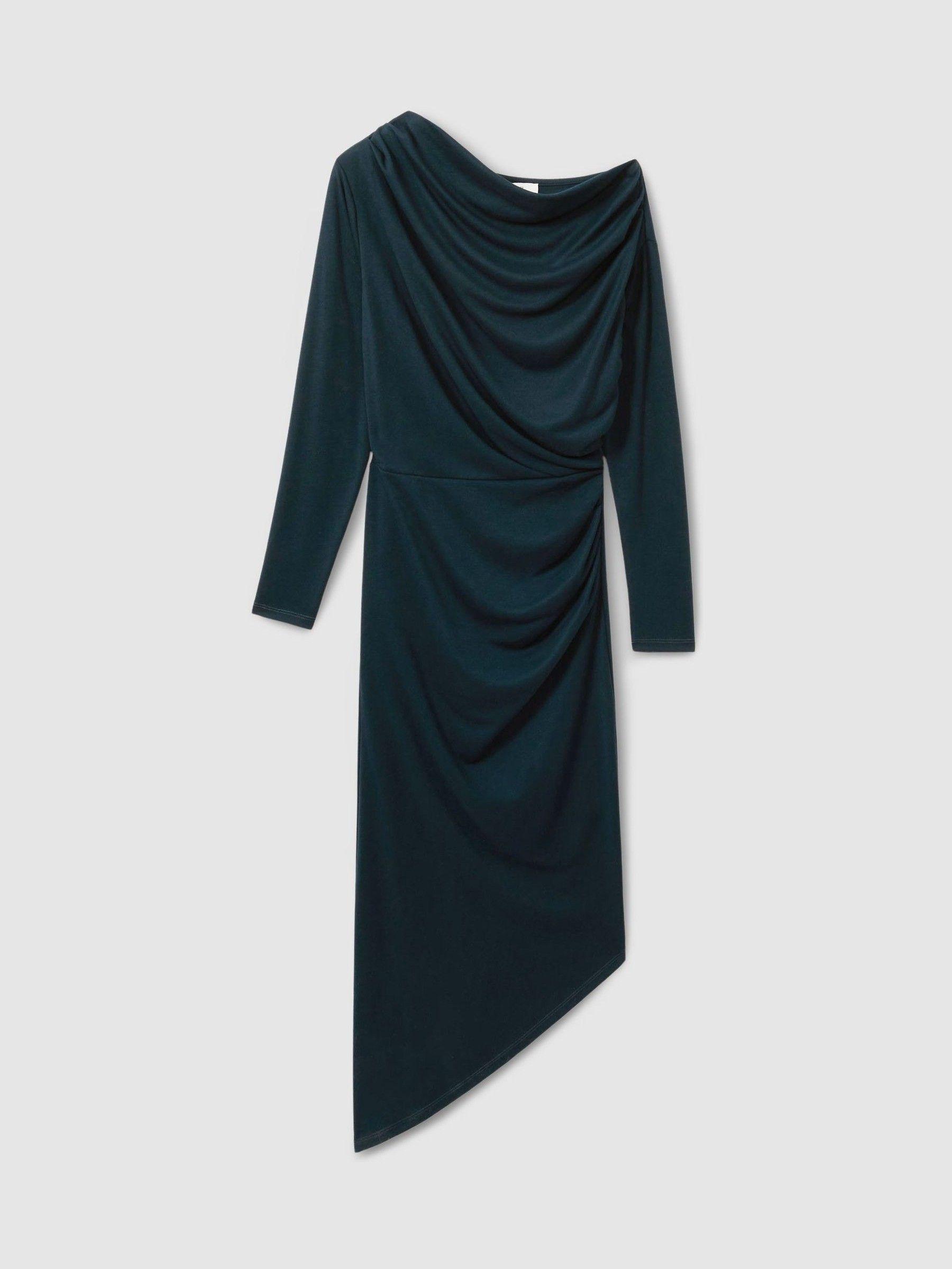 Off-The-Shoulder Ruched-Jersey Midi Dress in Teal Product Image