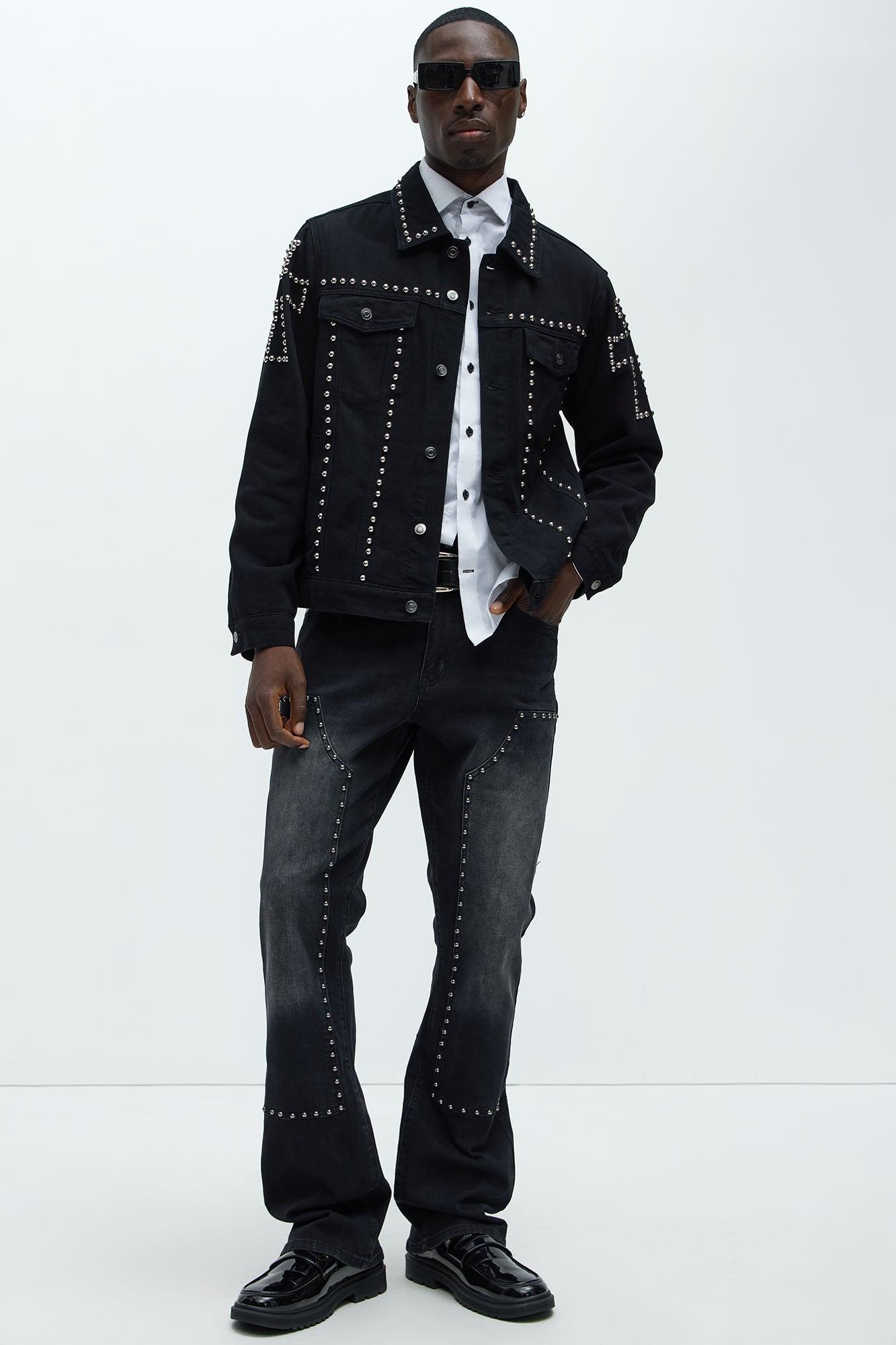 Rivetting Studded Stacked Slim Flare Jeans - Black Product Image