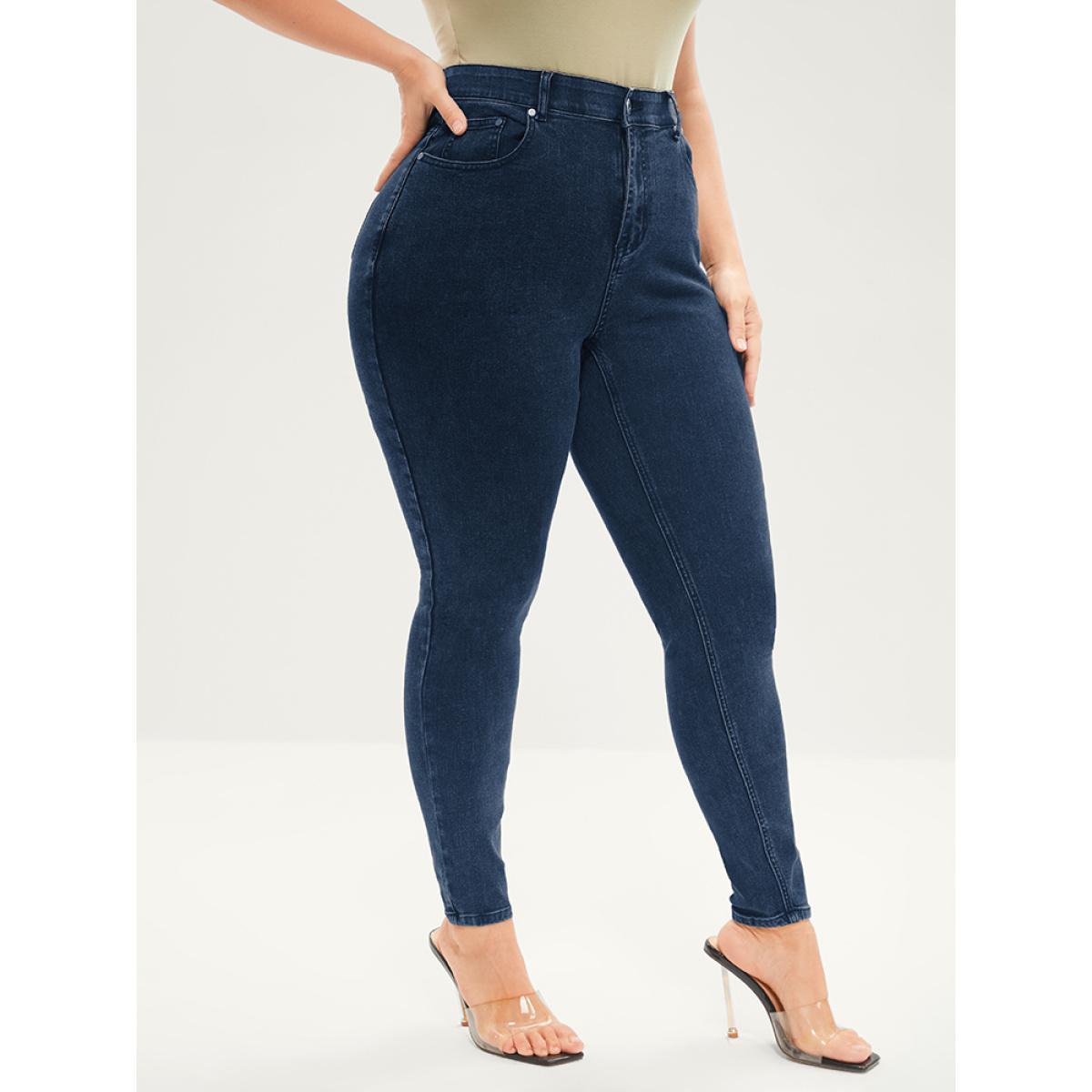 Plus Size Skinny Very Stretchy Mid Rise Dark Wash Gap Proof Jeans Women DarkBlue Office Plain Gap-proof High stretch Pocket Jeans BloomChic 30/6X Product Image